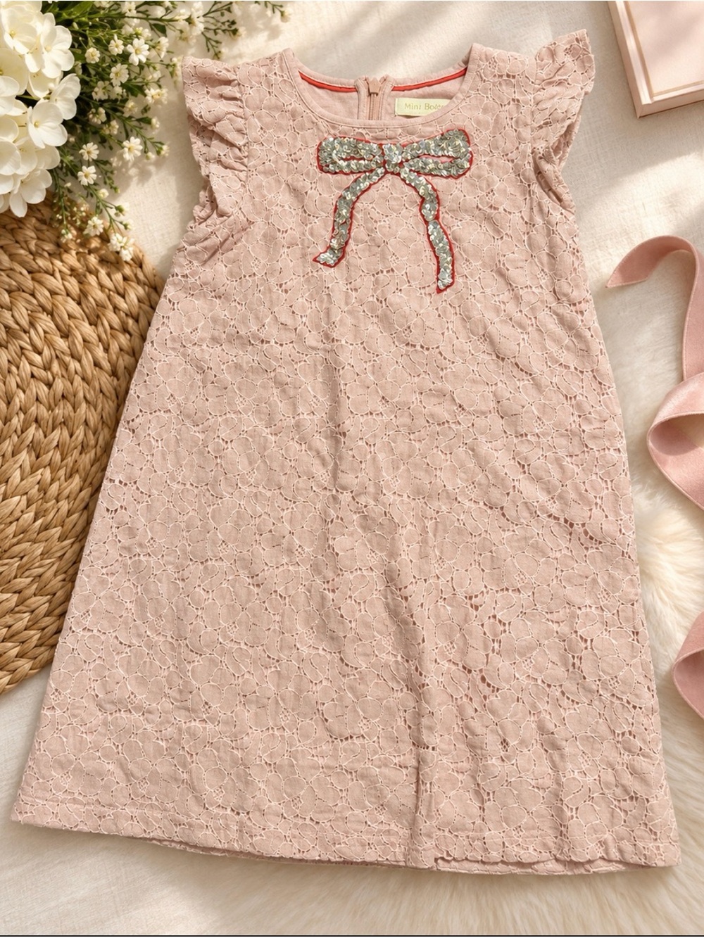 Mini Boden Blush Pink Lace Dress with Sequin Bow